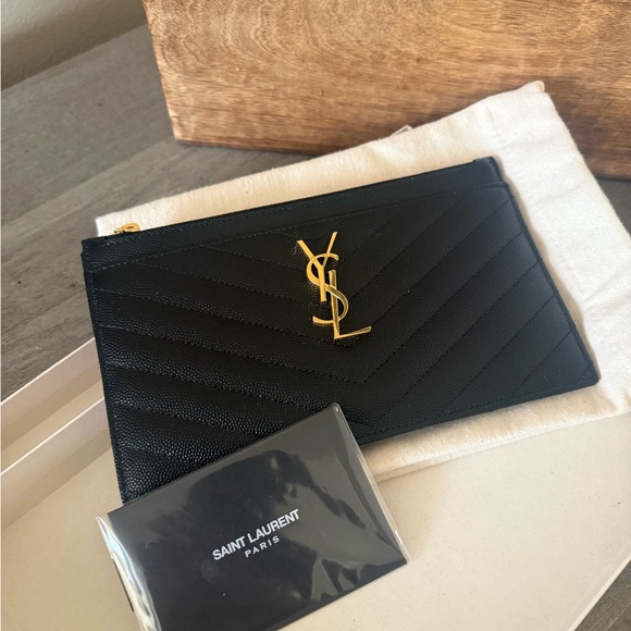 Yves Saint Laurent Black Chevron Wristlet with Gold Emblem - Picture 2 of 7
